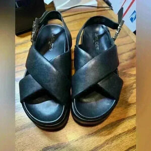 J/SLIDES Cross Black Leather Sandals Size 6